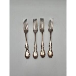 4 Antique Wilcox Silver Plate Co JOANNE forks Ornate Scroll XII Edwardian